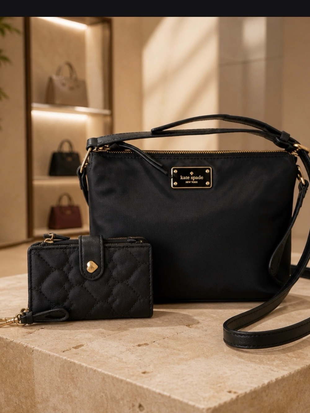 kate spade Black Nylon Crossbody with Quilted Wallet EUC
